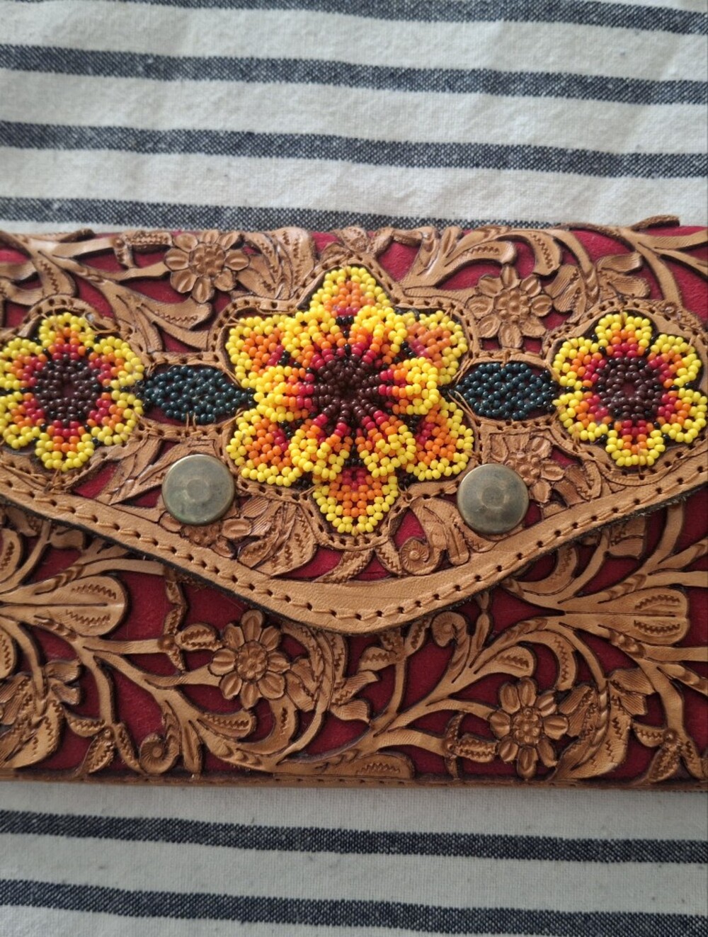 Bohemian Artisan Beaded Floral Brown Leather Wallet